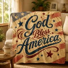 God Bless America Fleece Throw Blanket, Vintage Patriotic Script, 4th of July Gift | Trinmama image 2