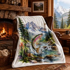 Fly Fishing Fleece Blanket, Mountain Stream Watercolor, Outdoor Home Decor Gift | Trinmama image 2