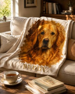 Custom Vintage Oil Painting Pet Fleece Blanket, Personalized Photo Throw with Name, Pet Lover Gift | Trinmama image 2
