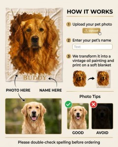 Custom Vintage Oil Painting Pet Fleece Blanket, Personalized Photo Throw with Name, Pet Lover Gift | Trinmama image 4