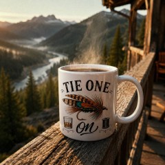 Tie One On Mug, Funny Fly Fishing Ceramic Coffee Cup, Double Meaning Gift for Anglers | Trinmama image 3