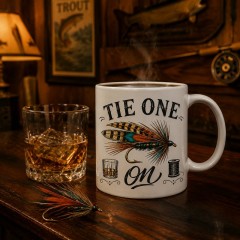 Tie One On Mug, Funny Fly Fishing Ceramic Coffee Cup, Double Meaning Gift for Anglers | Trinmama image 2