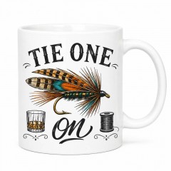 Tie One On Mug, Funny Fly Fishing Ceramic Coffee Cup, Double Meaning Gift for Anglers | Trinmama