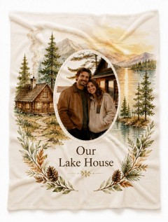 Personalized Fishing Cabin Fleece Blanket, Custom Photo Lake View, Outdoor Gift | Trinmama