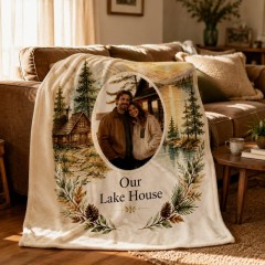 Personalized Fishing Cabin Fleece Blanket, Custom Photo Lake View, Outdoor Gift | Trinmama image 2