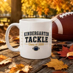 Kindergarten Tackle Mug, Navy Varsity Ceramic Coffee Cup, Football Parent Gift | Trinmama image 2