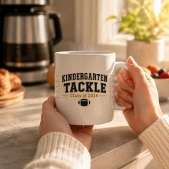 Kindergarten Tackle Mug, Navy Varsity Ceramic Coffee Cup, Football Parent Gift | Trinmama image 3