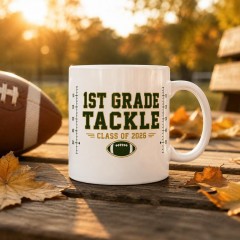 1st Grade Tackle Mug, Dark Green Varsity Ceramic Coffee Cup, Football Parent Gift | Trinmama image 2