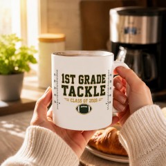 1st Grade Tackle Mug, Dark Green Varsity Ceramic Coffee Cup, Football Parent Gift | Trinmama image 3