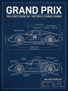 Grand Prix Racing Car Blueprint Poster - Vintage Automotive Wall Art Print for Dorm Room, Garage, Office Decor (Unframed)