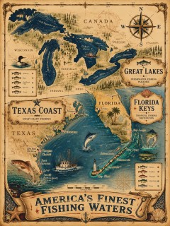 America's Finest Fishing Waters Poster, Vintage Nautical Chart Wall Art, Fishing Decor Gift | Trinmama