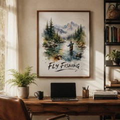 Fly Fishing Stream Watercolor Poster, Nature Wall Art, Outdoor Decor Gift | Trinmama image 3