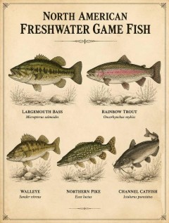 North American Freshwater Game Fish Poster, Vintage Field Guide Wall Art, Fishing Decor Gift | Trinmama image 1