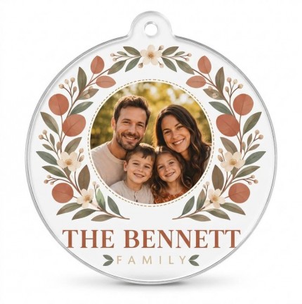 Personalized Family Photo Ornament, Custom Last Name Acrylic Keepsake, Eucalyptus Wreath Family Christmas Ornament, Terracotta Housewarming Gift image 1