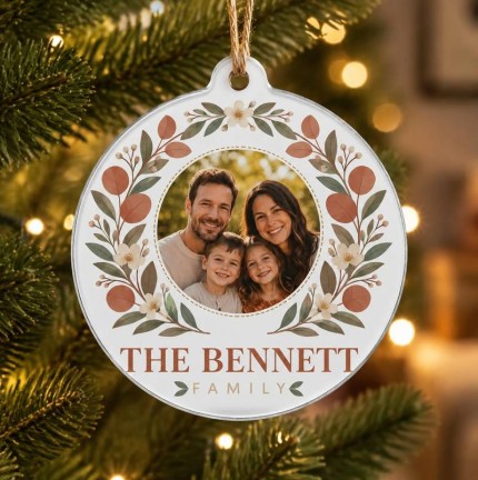 Personalized Family Photo Ornament, Custom Last Name Acrylic Keepsake, Eucalyptus Wreath Family Christmas Ornament, Terracotta Housewarming Gift image 2