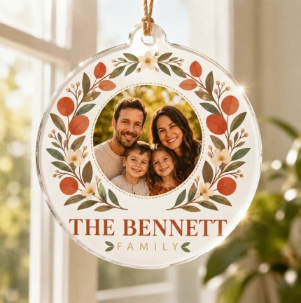 Personalized Family Photo Ornament, Custom Last Name Acrylic Keepsake, Eucalyptus Wreath Family Christmas Ornament, Terracotta Housewarming Gift image 3