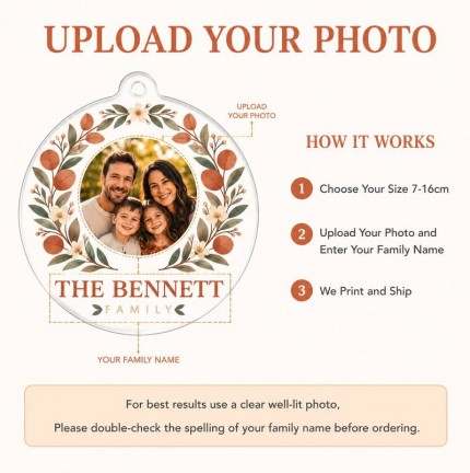 Personalized Family Photo Ornament, Custom Last Name Acrylic Keepsake, Eucalyptus Wreath Family Christmas Ornament, Terracotta Housewarming Gift image 5