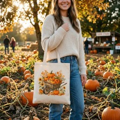 Pumpkin Patch Autumn Tote Bag, Cute Fall Harvest Cotton Canvas Reusable Shopping Bag | Trinmama image 3