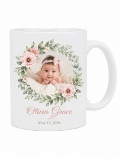 Custom Baby Photo Mug — Botanical Wreath Ceramic Keepsake Cup, Personalized Name & Date