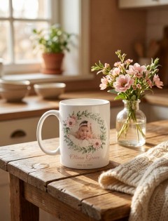 Custom Baby Photo Mug — Botanical Wreath Ceramic Keepsake Cup, Personalized Name & Date image 2