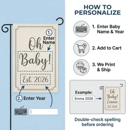 Oh Baby Personalized Garden Flag, Baby Shower Outdoor Decor, Custom Name & Year, Modern Confetti Design image 6