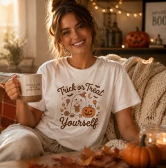 Trick or Treat Yourself Halloween T-Shirt, Cute Ghost Pumpkin Spice Graphic Tee image 2