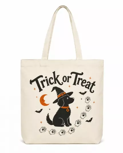 Trick or Treat Halloween Tote Bag, Cute Dog Witch Design, Reusable Cotton Canvas Shopping Bag | Trinmama