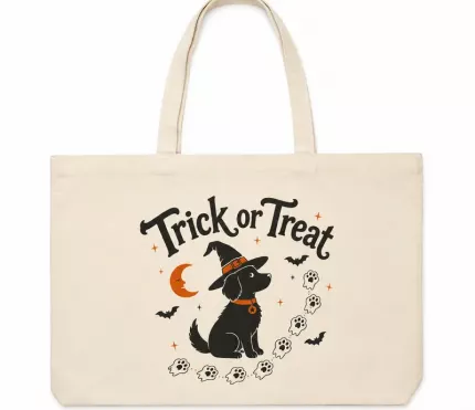 Trick or Treat Halloween Tote Bag, Cute Dog Witch Design, Reusable Cotton Canvas Shopping Bag | Trinmama image 2
