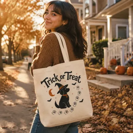 Trick or Treat Halloween Tote Bag, Cute Dog Witch Design, Reusable Cotton Canvas Shopping Bag | Trinmama image 3