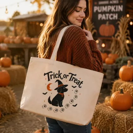 Trick or Treat Halloween Tote Bag, Cute Dog Witch Design, Reusable Cotton Canvas Shopping Bag | Trinmama image 4