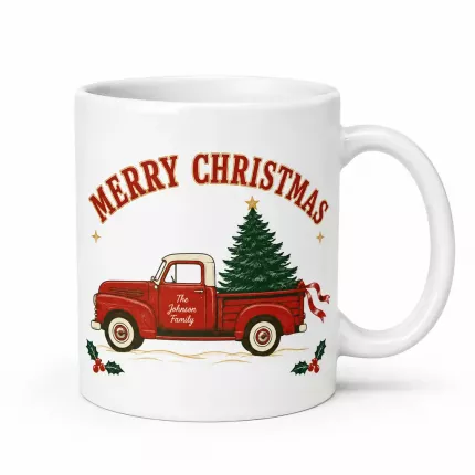 Vintage Christmas Truck Mug, Personalized Family Name Holiday Coffee Cup, Retro Red Truck Ceramic Gift | Trinmama