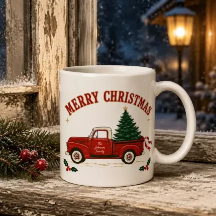 Vintage Christmas Truck Mug, Personalized Family Name Holiday Coffee Cup, Retro Red Truck Ceramic Gift | Trinmama image 2