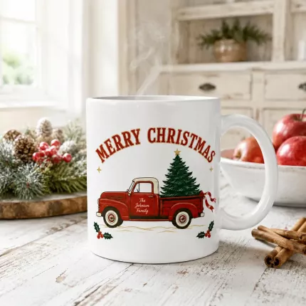 Vintage Christmas Truck Mug, Personalized Family Name Holiday Coffee Cup, Retro Red Truck Ceramic Gift | Trinmama image 3