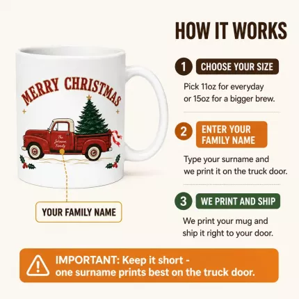 Vintage Christmas Truck Mug, Personalized Family Name Holiday Coffee Cup, Retro Red Truck Ceramic Gift | Trinmama image 4
