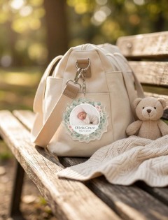 Custom Baby Photo Keychain — Botanical Wreath Acrylic Charm, Die-Cut Shape, Personalized Name & Date image 2