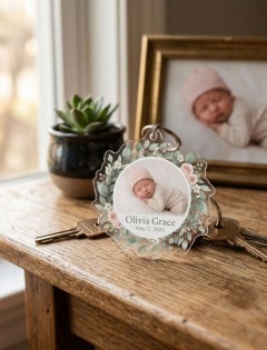 Custom Baby Photo Keychain — Botanical Wreath Acrylic Charm, Die-Cut Shape, Personalized Name & Date image 3