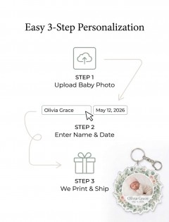 Custom Baby Photo Keychain — Botanical Wreath Acrylic Charm, Die-Cut Shape, Personalized Name & Date image 4