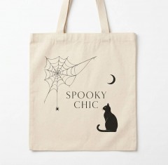 Spooky Chic Halloween Tote Bag, Minimalist Spider Web Cat Moon Design, Reusable Cotton Canvas Shopping Bag | Trinmama