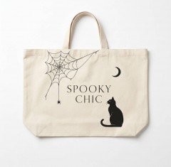 Spooky Chic Halloween Tote Bag, Minimalist Spider Web Cat Moon Design, Reusable Cotton Canvas Shopping Bag | Trinmama image 2