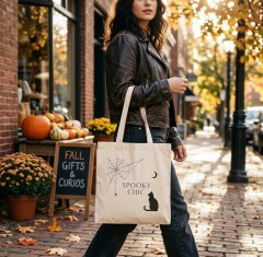 Spooky Chic Halloween Tote Bag, Minimalist Spider Web Cat Moon Design, Reusable Cotton Canvas Shopping Bag | Trinmama image 3