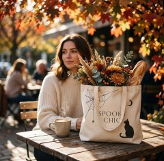 Spooky Chic Halloween Tote Bag, Minimalist Spider Web Cat Moon Design, Reusable Cotton Canvas Shopping Bag | Trinmama image 4