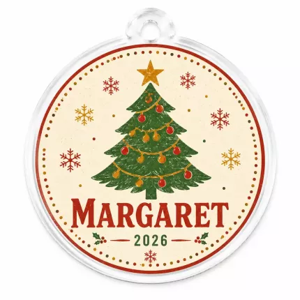 Vintage Christmas Tree Ornament, Personalized Retro Holiday Keepsake, Custom Name & Year Acrylic Decor | Trinmama image 1