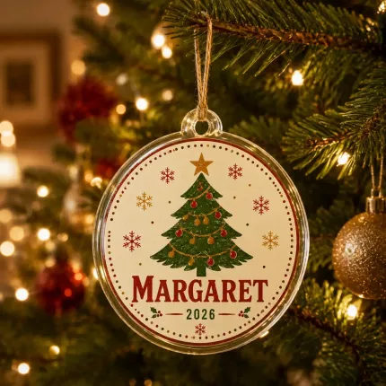 Vintage Christmas Tree Ornament, Personalized Retro Holiday Keepsake, Custom Name & Year Acrylic Decor | Trinmama image 2
