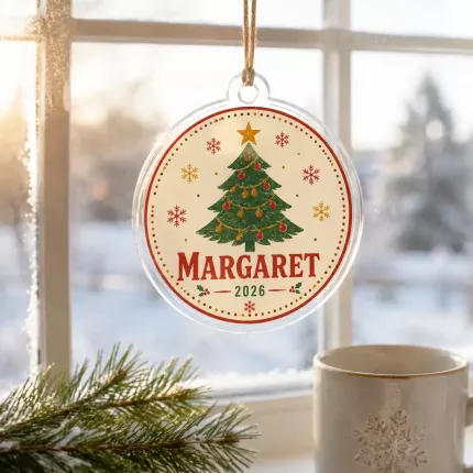 Vintage Christmas Tree Ornament, Personalized Retro Holiday Keepsake, Custom Name & Year Acrylic Decor | Trinmama image 3