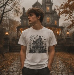 Vintage Haunted House Halloween T-Shirt, Victorian Gothic Woodcut Graphic Tee image 2