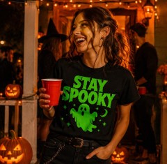 Stay Spooky Retro Horror Halloween T-Shirt, Neon Green Ghost, Spooky Gift | Trinmama image 2