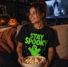 Stay Spooky Retro Horror Halloween T-Shirt, Neon Green Ghost, Spooky Gift | Trinmama image 3