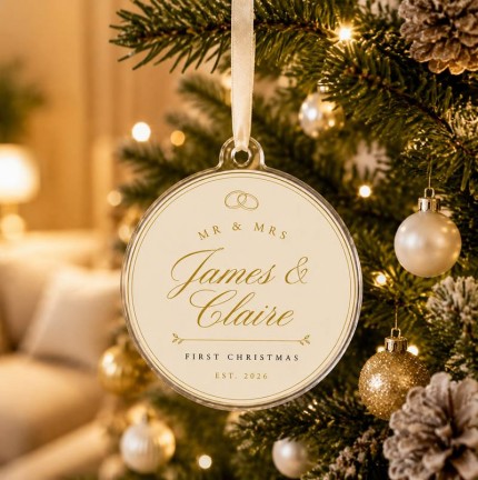 Personalized Our First Christmas as Mr and Mrs Ornament, Custom Couple Names Acrylic Keepsake, Gold Wedding Rings Christmas Ornament, Newlywed Wedding Gift image 2