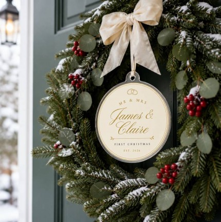 Personalized Our First Christmas as Mr and Mrs Ornament, Custom Couple Names Acrylic Keepsake, Gold Wedding Rings Christmas Ornament, Newlywed Wedding Gift image 3