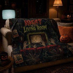 Night of the Living Room Fleece Blanket, Vintage Horror Movie Poster Throw, Spooky Halloween Home Decor | Trinmama image 2